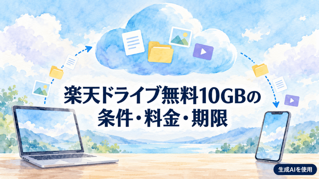 楽天ドライブ無料10GBの条件・料金・期限を示す水彩画風イラスト