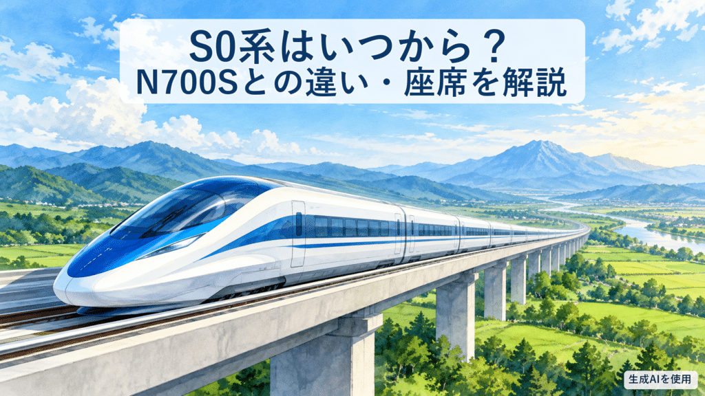 S0系の開始時期とN700Sとの違いを表す架空の新幹線の水彩画風イラスト