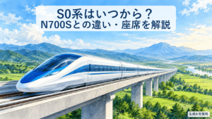 S0系の開始時期とN700Sとの違いを表す架空の新幹線の水彩画風イラスト
