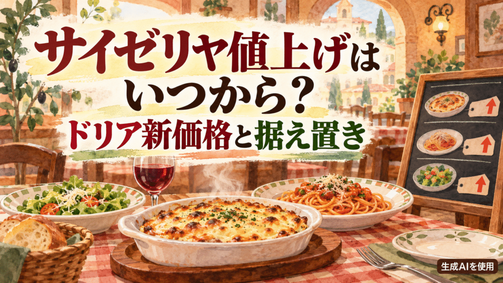 サイゼリヤの値上げ時期とドリア新価格・据え置きメニューを表す水彩画風イラスト