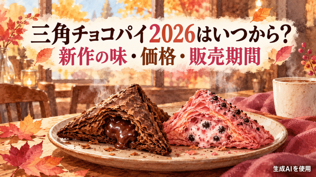 三角チョコパイ2026の発売日・新作の味・価格・販売期間を示す水彩画風イラスト