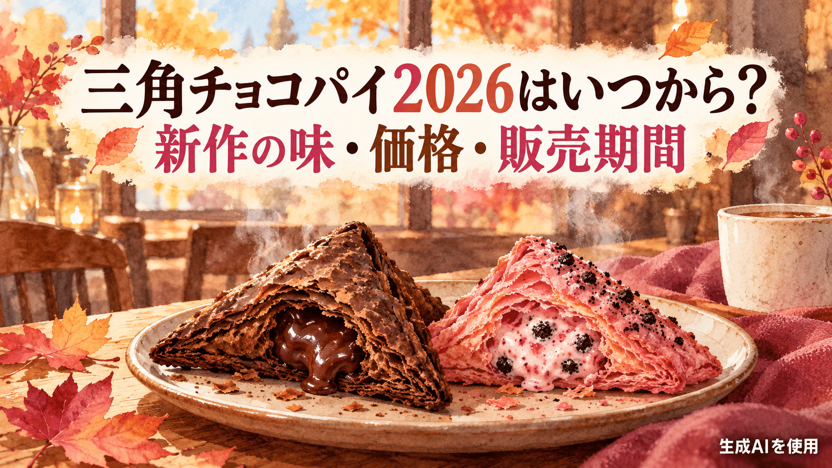 三角チョコパイ2026の発売日・新作の味・価格・販売期間を示す水彩画風イラスト