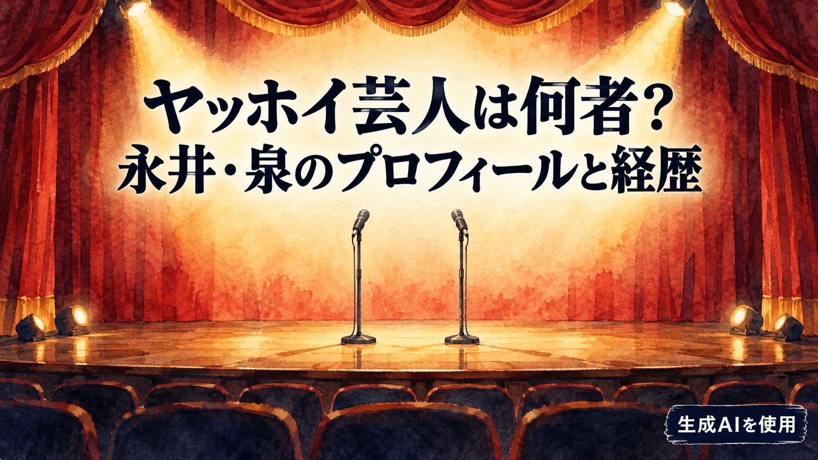 ヤッホイ芸人のプロフィールと経歴を表す二本のマイクが並ぶ水彩画風の劇場イラスト
