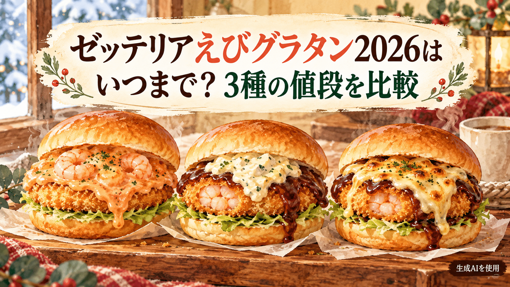 ゼッテリアえびグラタン2026の3種類と値段を表した水彩画風AI画像