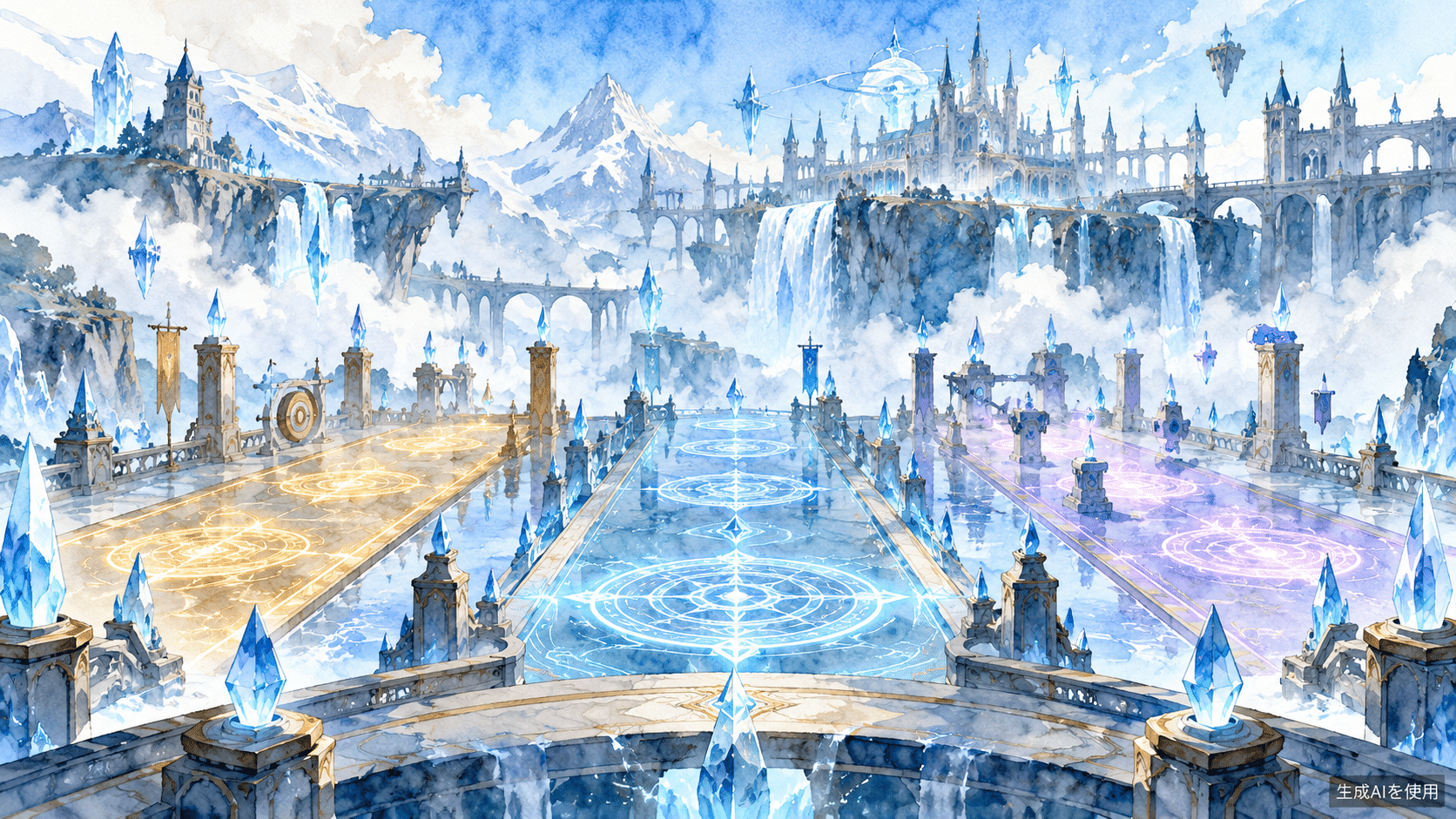 三つの訓練経路が交わる魔術大会会場を描いた水彩画