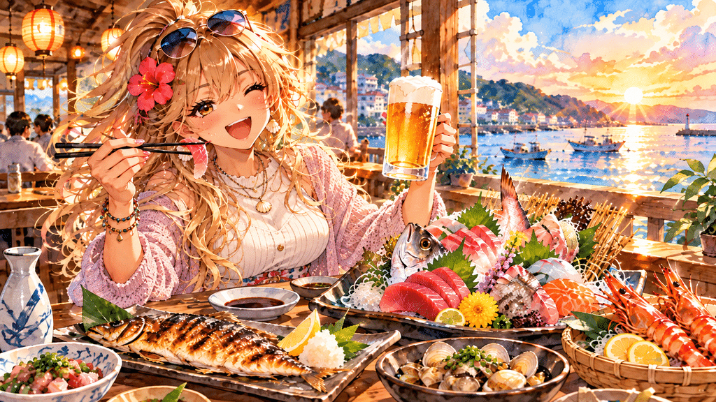 沢山の魚領地とお酒を楽しむギャル