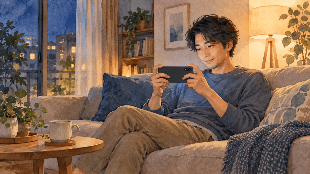 スマホで動画を見る男性
