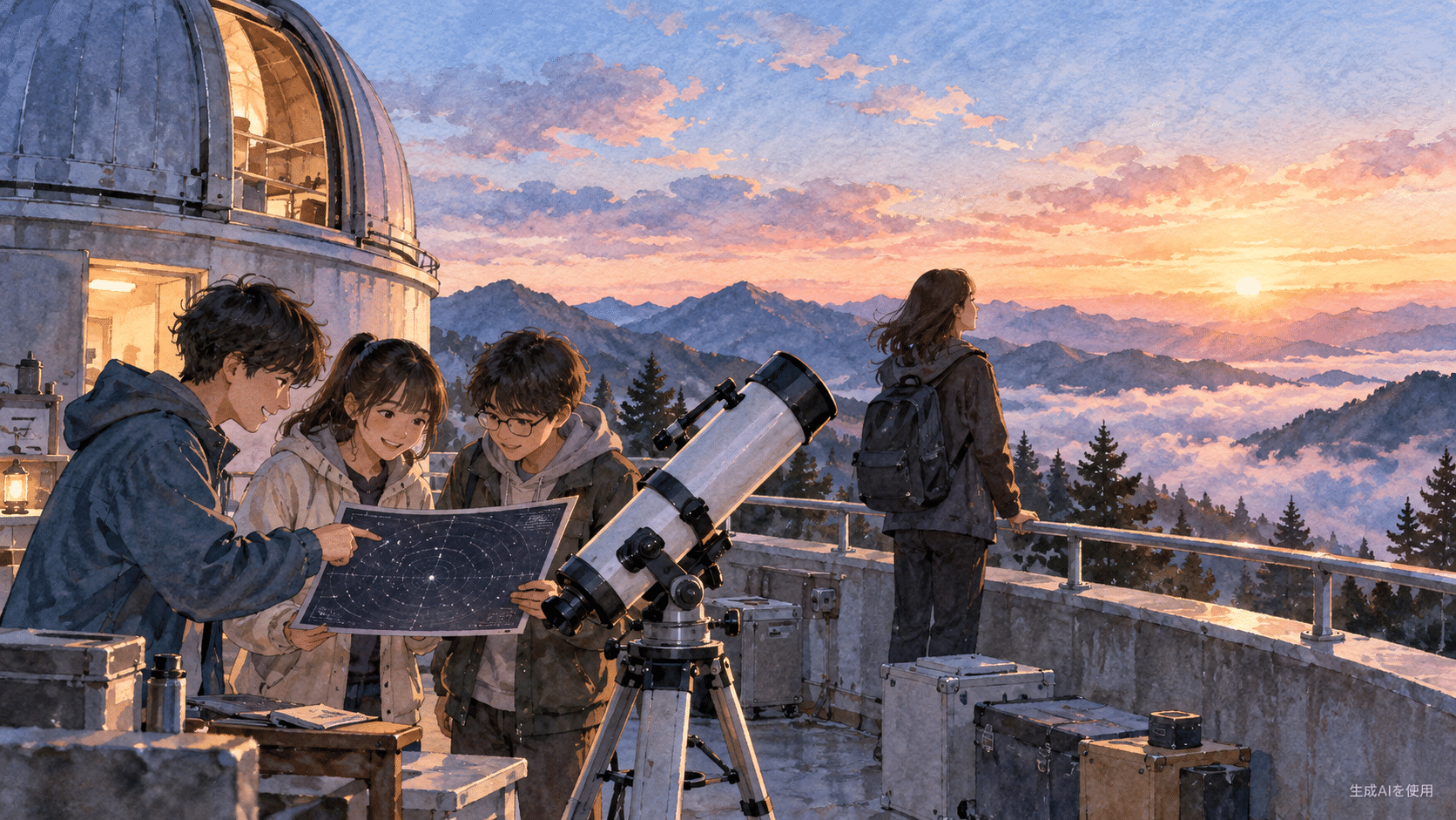 山の天文台で星図を囲む天文部員たちの水彩画