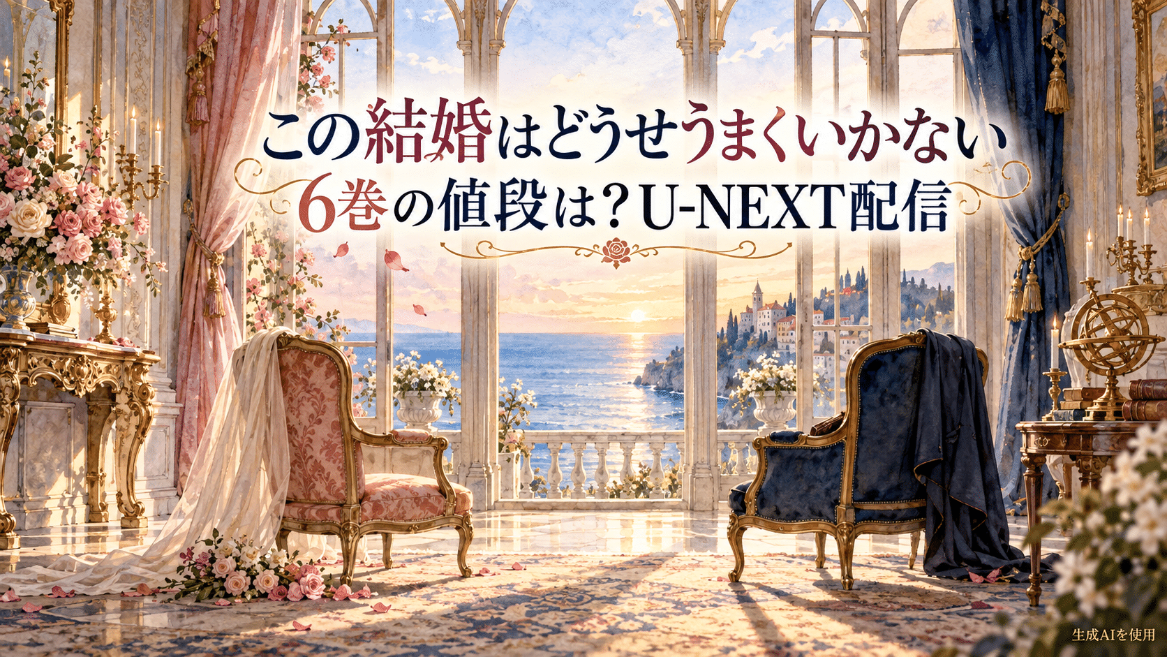 この結婚はどうせうまくいかない6巻の価格とU-NEXT配信を示す水彩画
