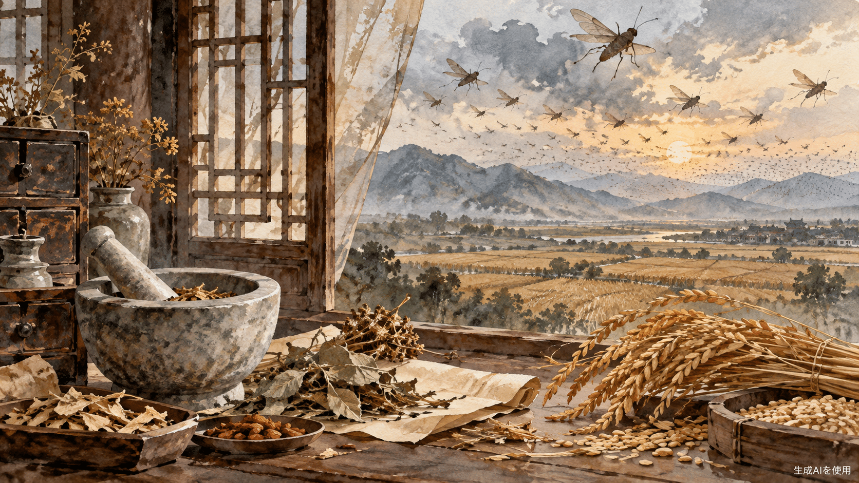 薬草と穀物の向こうに蝗の群れが迫る薬屋のひとりごと3期1話の水彩画