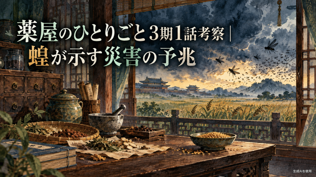 薬屋のひとりごと3期1話考察｜蝗が示す災害の予兆と書かれた水彩画
