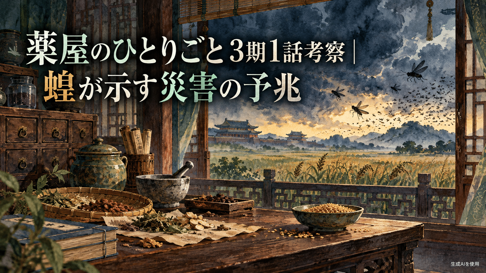 薬屋のひとりごと3期1話考察|蝗が示す災害の予兆と書かれた水彩画