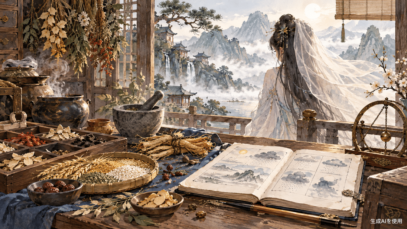 薬草と穀物と天候の記録を並べた水彩画