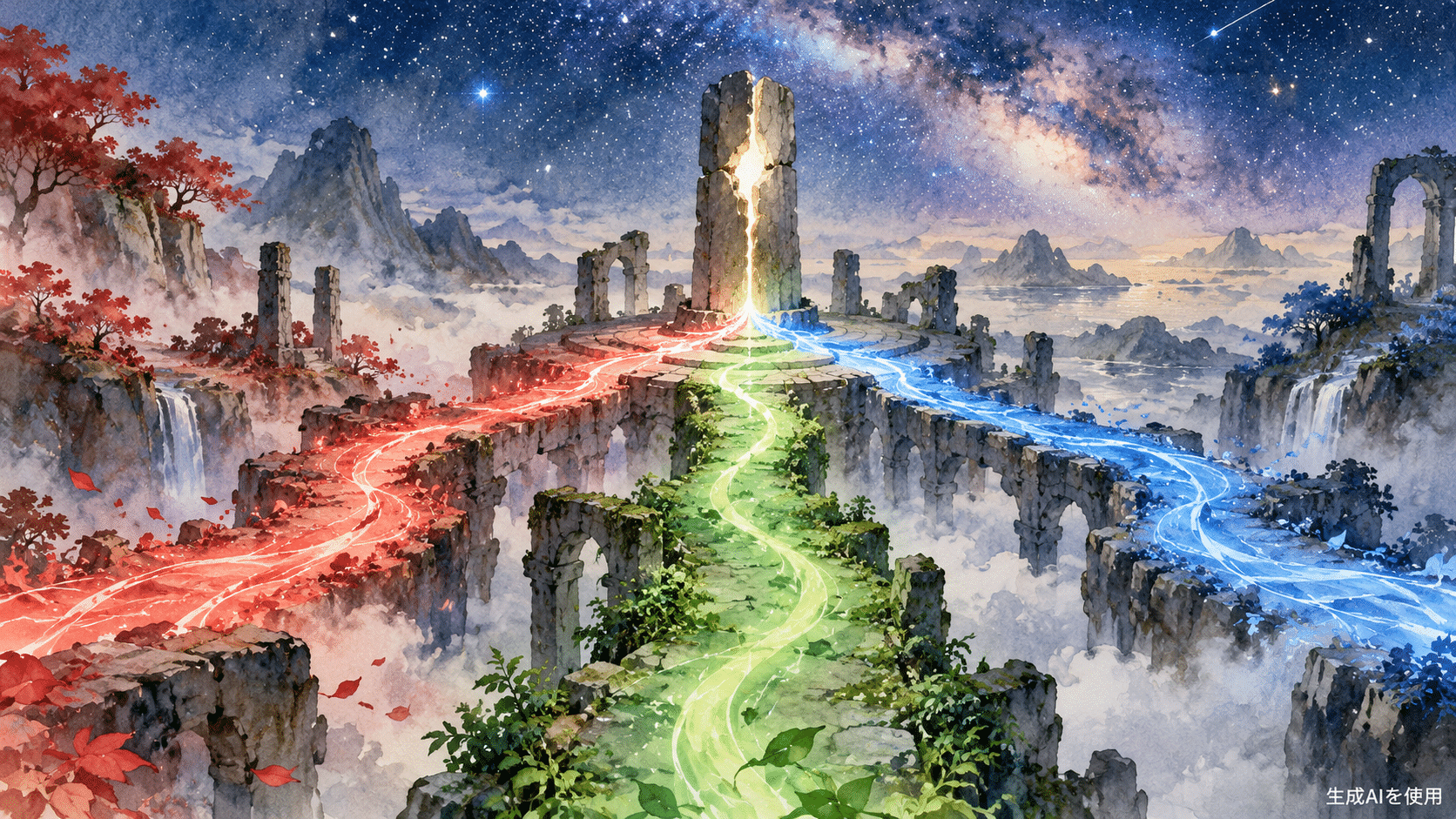 赤青緑の三つの光がひび割れた柱へ向かう水彩画