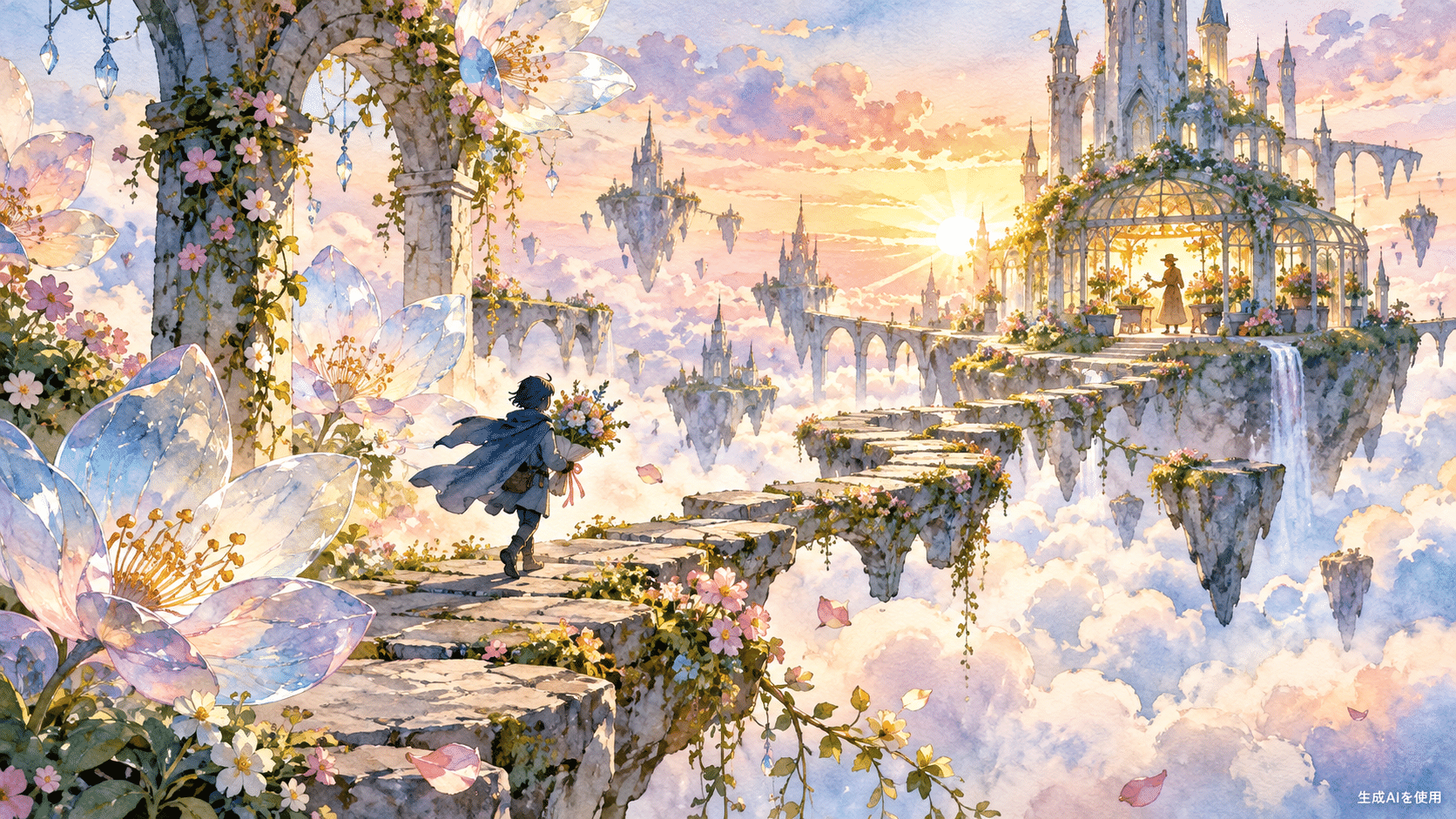 空に浮かぶ花園へ向かう魔女見習いを描いた水彩画