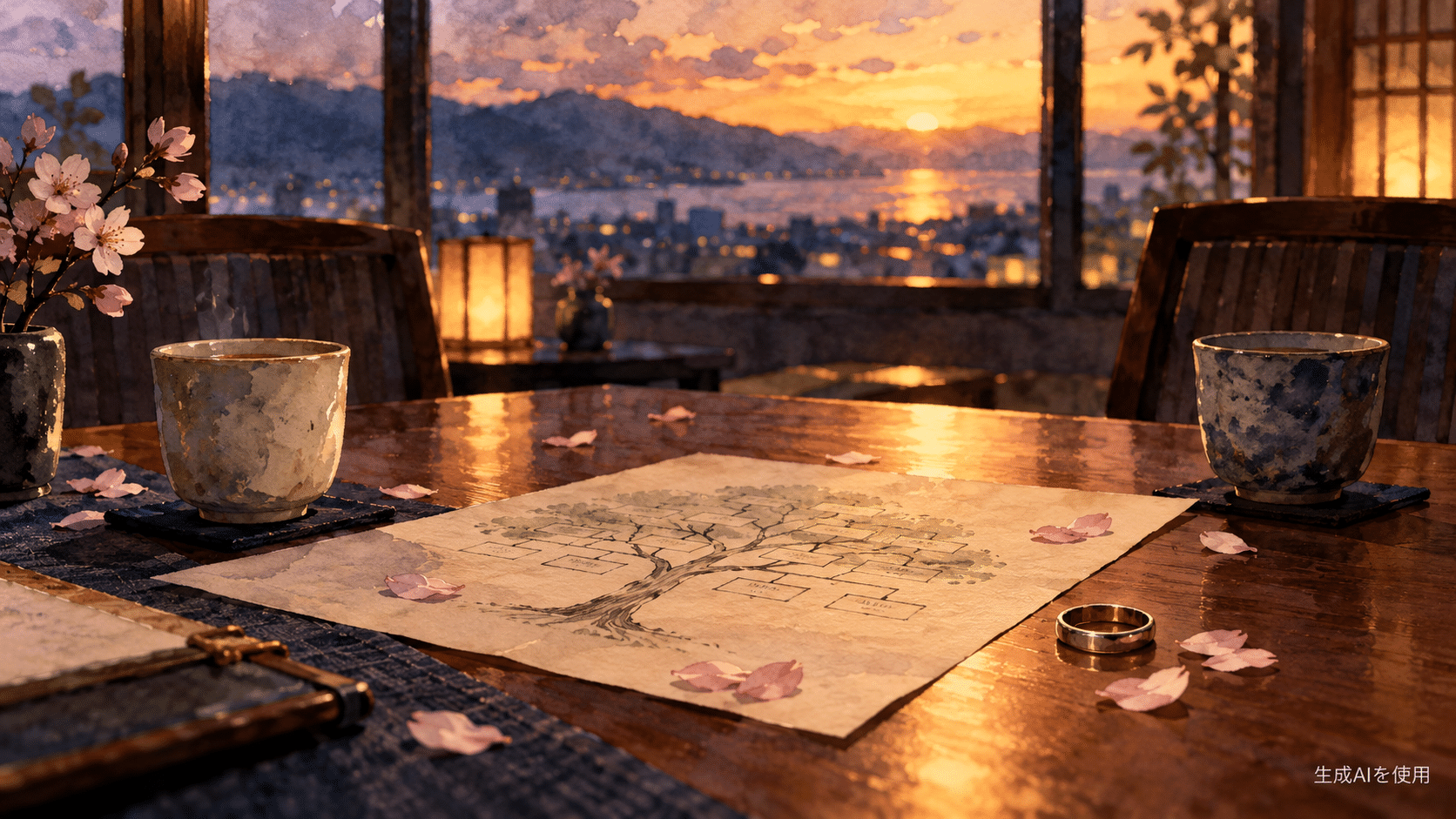 桜の花びらと家系図が置かれた父子会談のテーブルを描いた水彩画