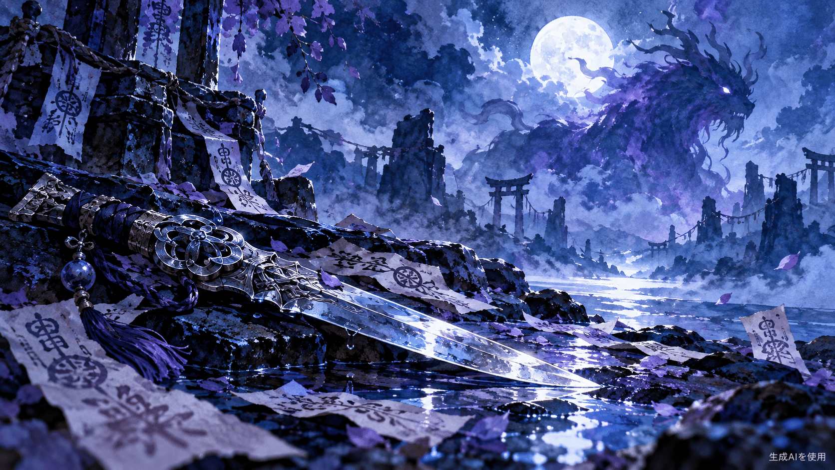 月明かりの下の銀色の刀と札を描いた水彩画