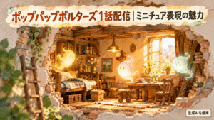 ポップパップポルターズ1話配信とミニチュア表現の魅力と書かれた水彩画