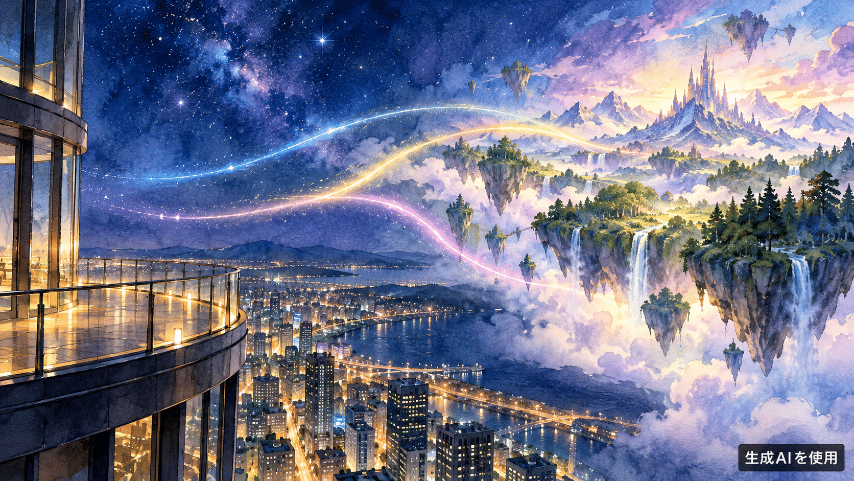都市の展望台から幻想世界へ伸びる三色の光を描いた水彩画