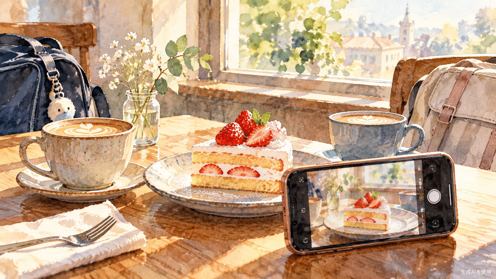 カフェのスイーツとスマートフォンを描いた水彩画