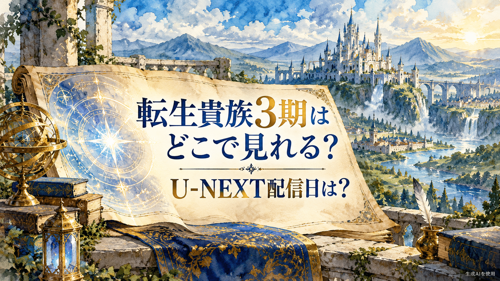 転生貴族3期はどこで見れる?U-NEXT配信日は?と書かれた水彩画