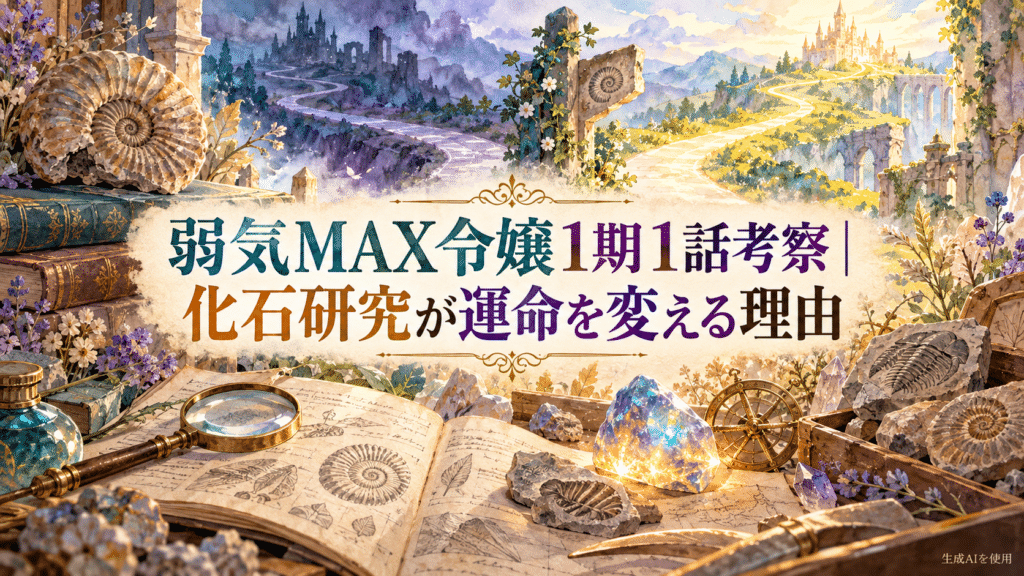 弱気MAX令嬢1期1話と化石研究が運命を変える理由を表す水彩画