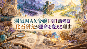弱気MAX令嬢1期1話と化石研究が運命を変える理由を表す水彩画