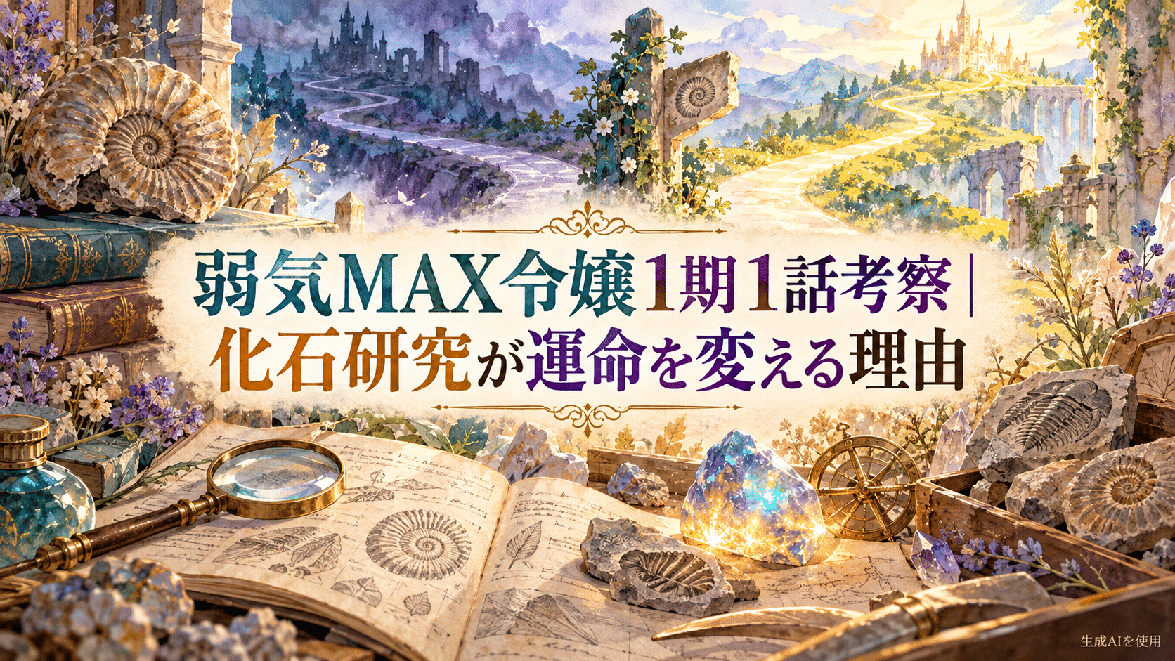 弱気MAX令嬢1期1話と化石研究が運命を変える理由を表す水彩画