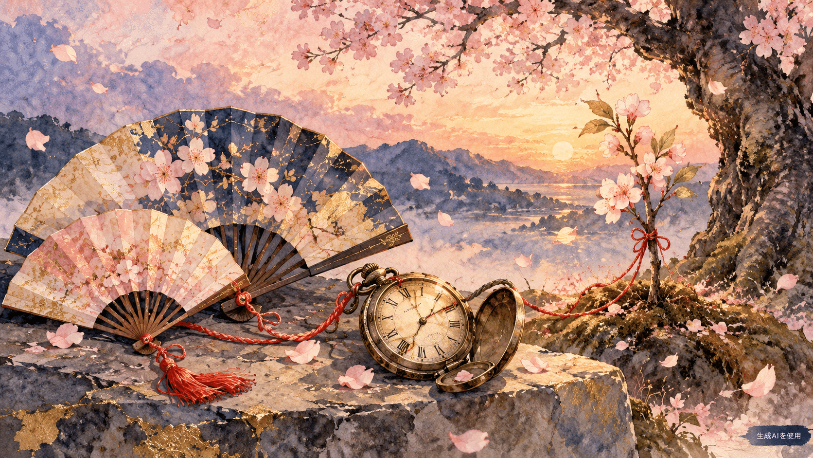 二つの扇と赤い糸で結ばれた懐中時計と桜の若木を描いた水彩画